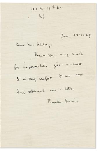 DREISER, THEODORE. Three letters, each Signed, to Lewis Alsberg, including two Autograph Letters and a Typed Letter,